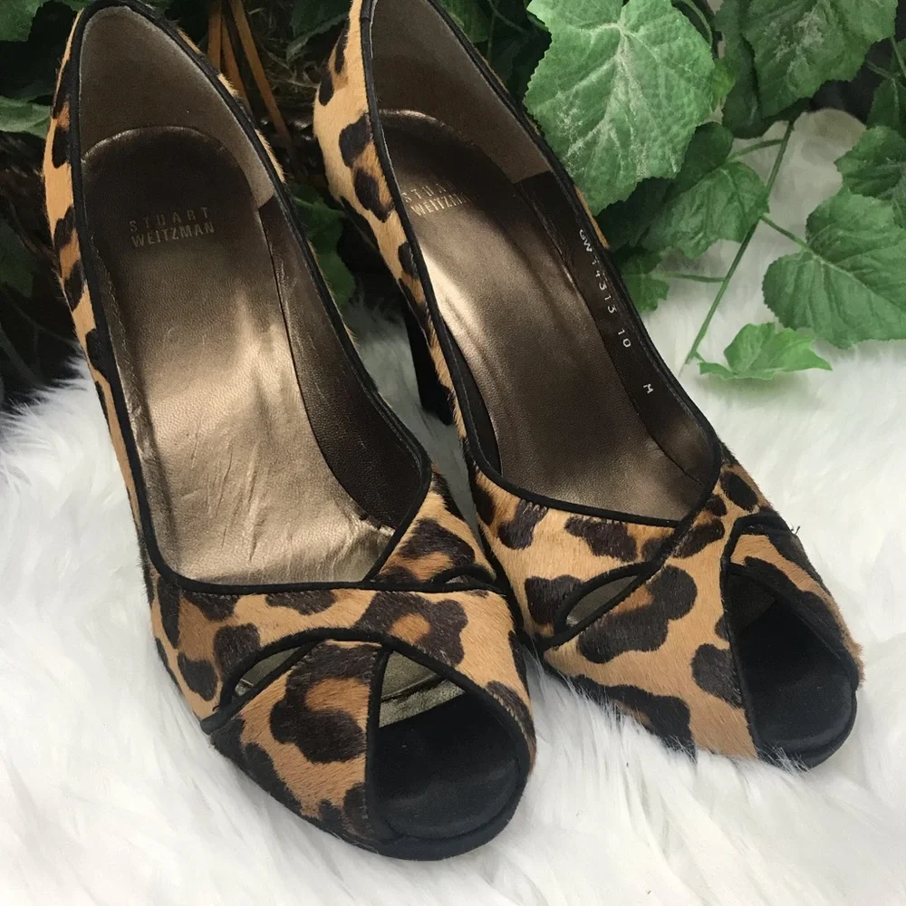 Stuart Weitzman Leopard Calf Hair Peep Toe Pumps size 10